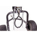 Front view of Swisher ATV log skidder showing metal skidding claw with attached chains and knobby tires, gallery position 1
