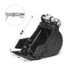 black mini excavator bucket attachment with pin dimensions callout and measurements in gallery position 1