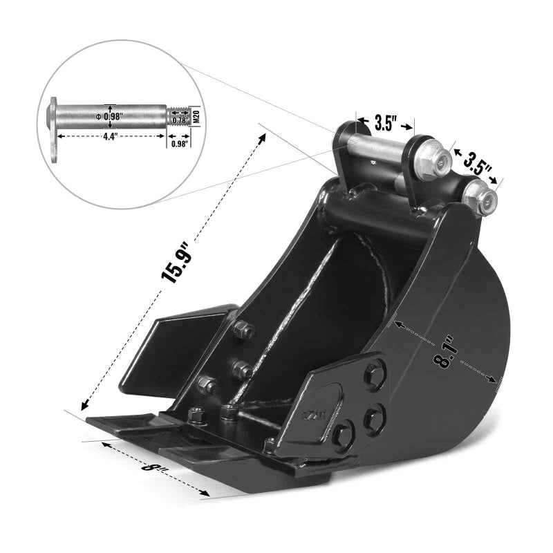 black mini excavator bucket attachment with pin dimensions callout and measurements in gallery position 1