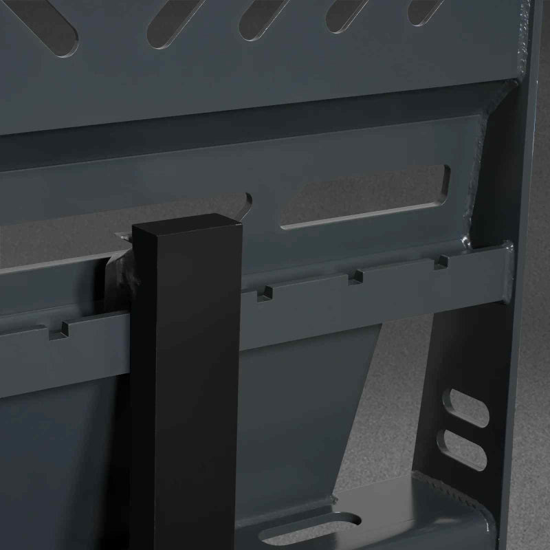 close-up detail of back frame support and upper rail connection on gray 36-inch mini skid steer pallet fork attachment gallery 1