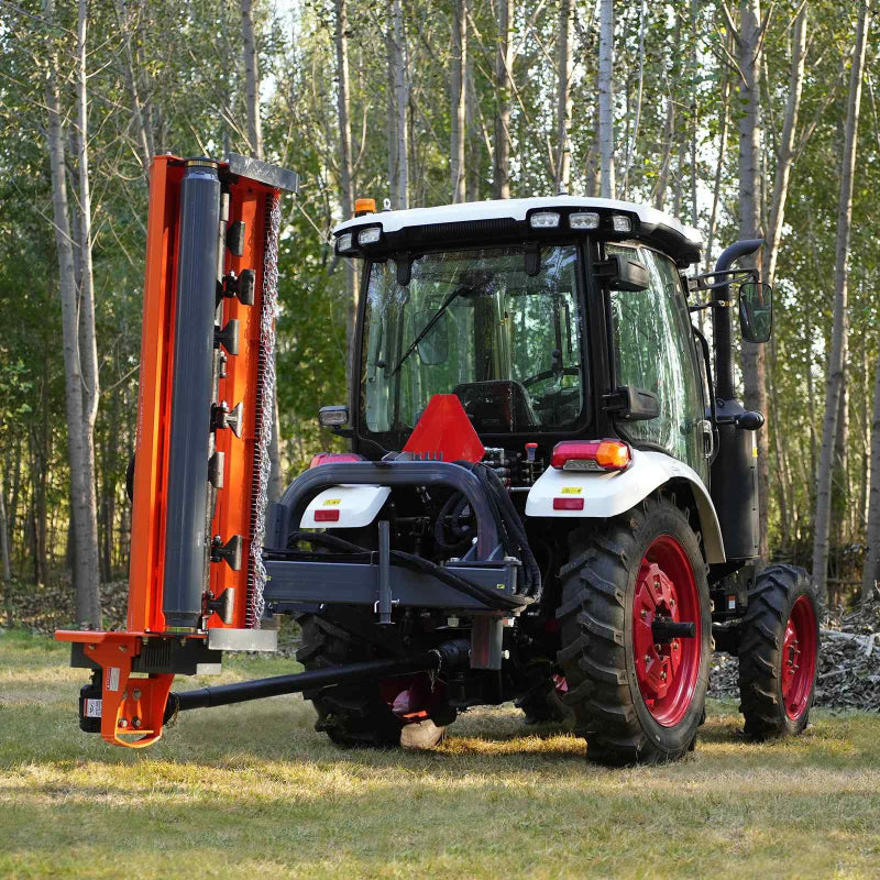 rear view of tractor with vertical orange MechMaxx 72-inch 3-point offset ditch bank mower at gallery position 1