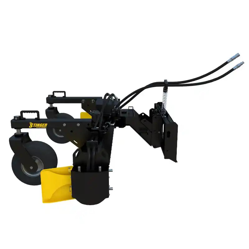 Black and yellow soil conditioning attachment with hydraulic hoses, disc blades, and adjustable steel frame on white background