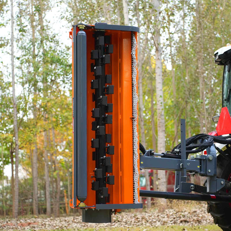 vertical side view of orange MechMaxx 72-inch offset ditch bank flail mower showing blade assembly at gallery position 1