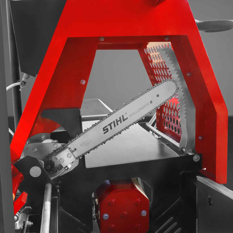 Close-up of Stihl chainsaw bar and cutting blade mounted inside red frame of MechMaxx GX390 log splitter processor gallery position 1