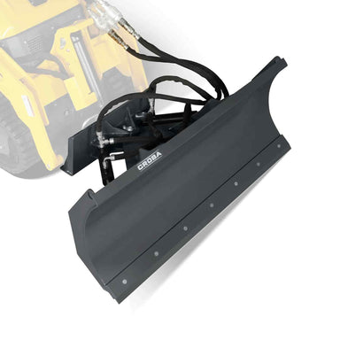 front angled view of black 57-inch hydraulic mini skid steer dozer blade with curved cutting edge gallery position 1