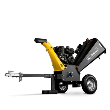 Side view of MechMaxx 5 inch Kohler 429cc gas-powered wood chipper with open feed chute, gallery position 1