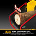 Close-up of log being fed into chipper chute showing 8-inch maximum branch diameter at gallery position 1