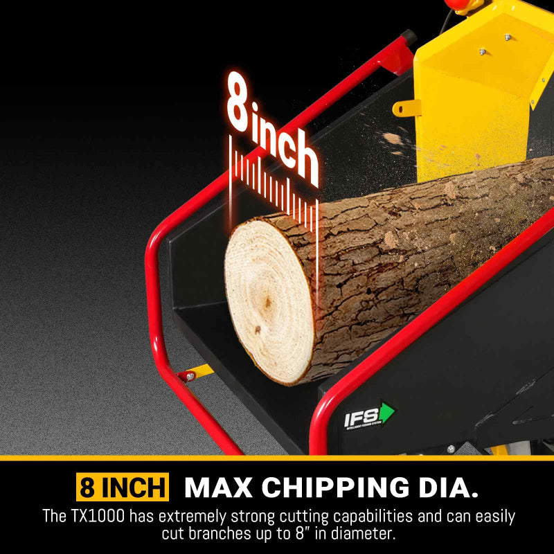 Close-up of log being fed into chipper chute showing 8-inch maximum branch diameter at gallery position 1