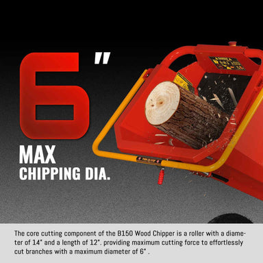 Close-up of MechMaxx 6 inch Honda gas-powered drum wood chipper intake with log and safety frame, gallery position 1