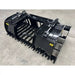 Black steel tractor root and rock grapple attachment with dual hydraulic cylinders and solid tines on concrete floor