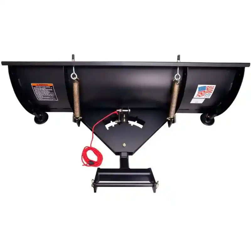 Front view of Swisher 50-inch rolled plow blade showing two tension springs, hitch mount, and red safety cable, gallery position 1
