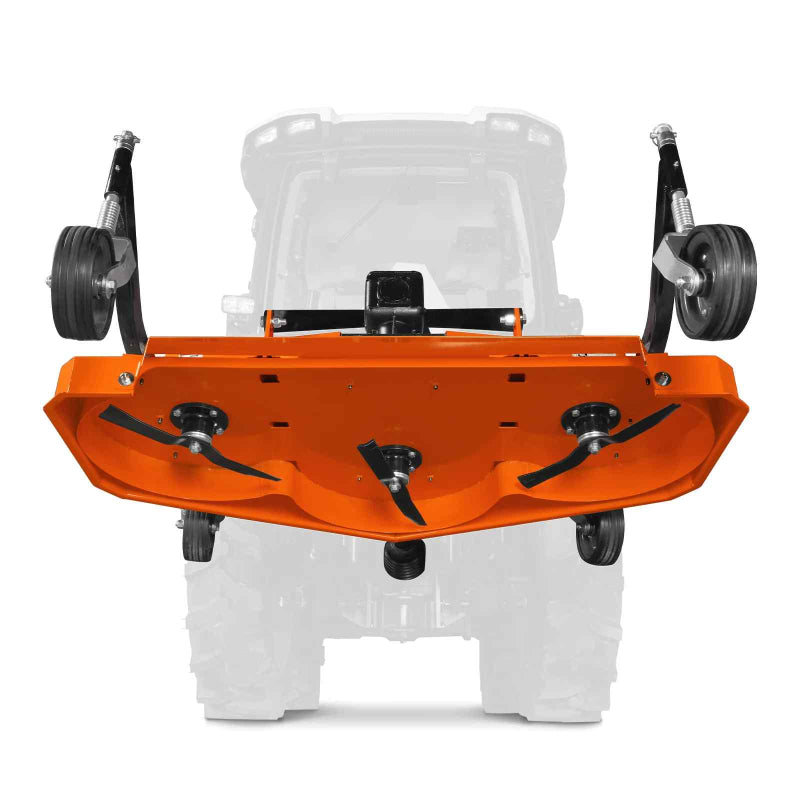 bottom view of orange MechMaxx 60-inch PTO finishing mower showing three blades and caster wheels, gallery position 1