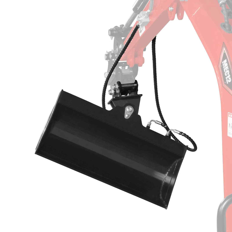 black 32-inch MechMaxx tilt bucket attachment mounted on mini excavator arm with visible hydraulic hose gallery position 1