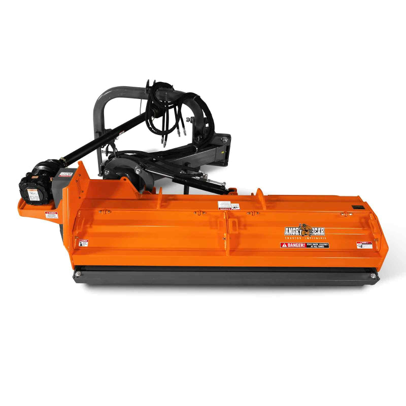 side perspective of orange MechMaxx 86-inch 3-point offset PTO ditch bank verge flail mower at gallery position 1