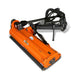 angled view of orange MechMaxx 72-inch offset ditch bank flail mower with PTO shaft and hydraulic hoses at gallery 1