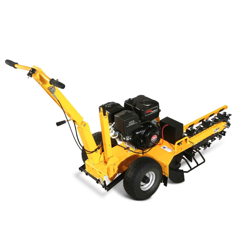 Isolated angled view of MechMaxx 420cc E-Start 24-inch ditching trencher with yellow frame, gallery position 1