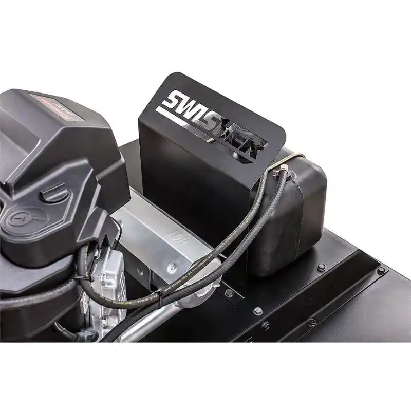 Close-up of Swisher 44-inch rough cut mower showing engine housing and 12V electric lift control, gallery position 1