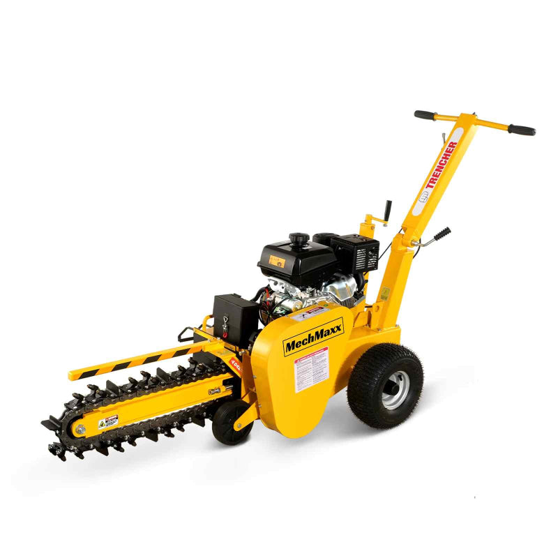Three-quarter view of MechMaxx 429cc KOHLER E-start 24-inch ditching mini trencher with yellow frame, gallery position 1
