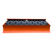 Orange soil compaction roller with black spiked drum and curved front blade viewed from front angle