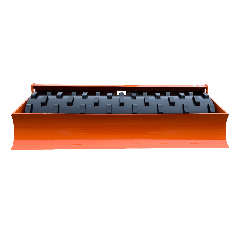 Orange soil compaction roller with black spiked drum and curved front blade viewed from front angle
