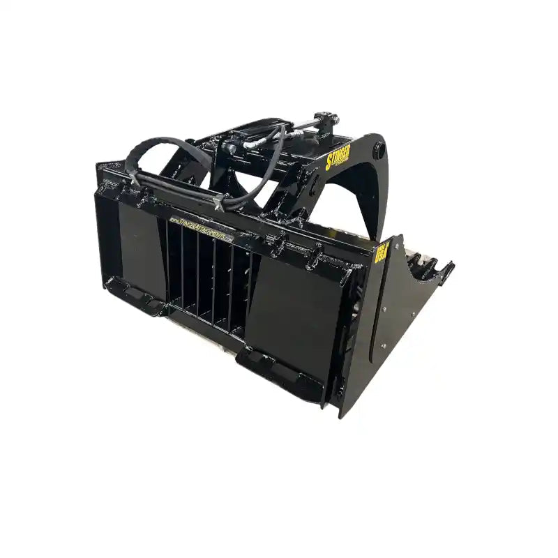 Black steel tractor rock grapple attachment with hydraulic hoses and curved spacers on white background