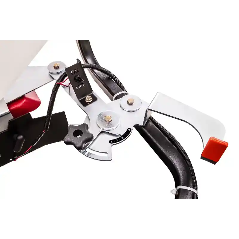 Close-up of metal adjustment mechanism with on/off toggle switch and wiring on Swisher ATV spreader, gallery position 1