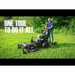 Man operating Swisher 42-inch finish cut mower attachment on Versa ZTR, outdoor side view, gallery position 1