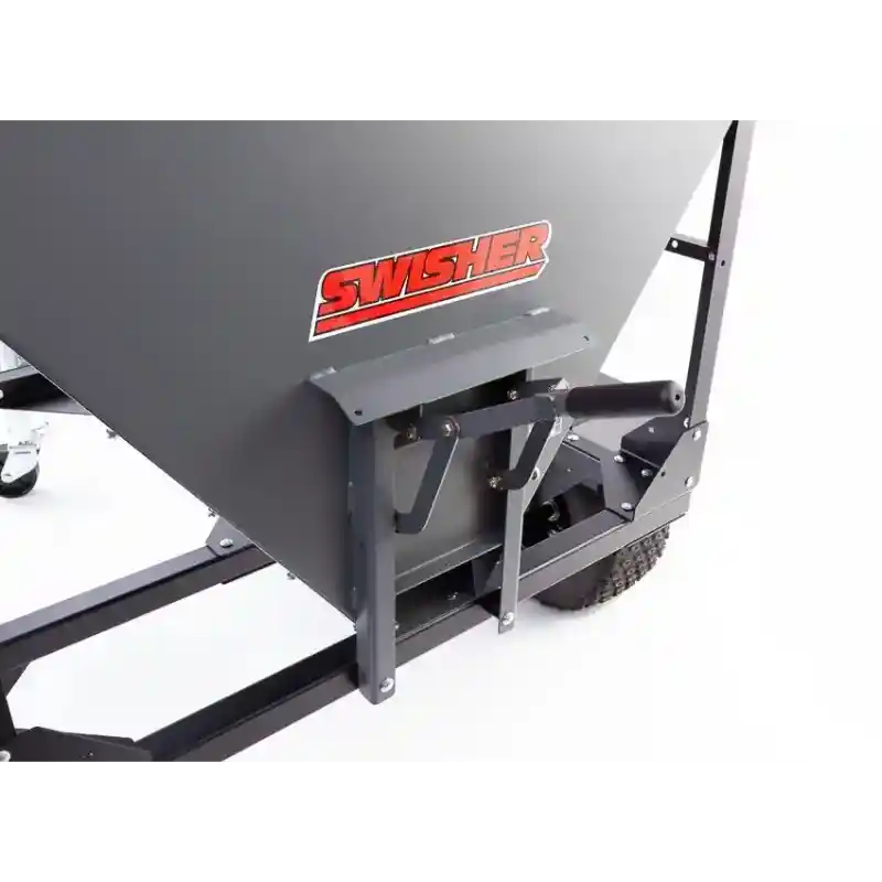 Close-up of manual gate control mechanism on Swisher drop feeder, steel frame, visible tire, gallery position 1, white background
