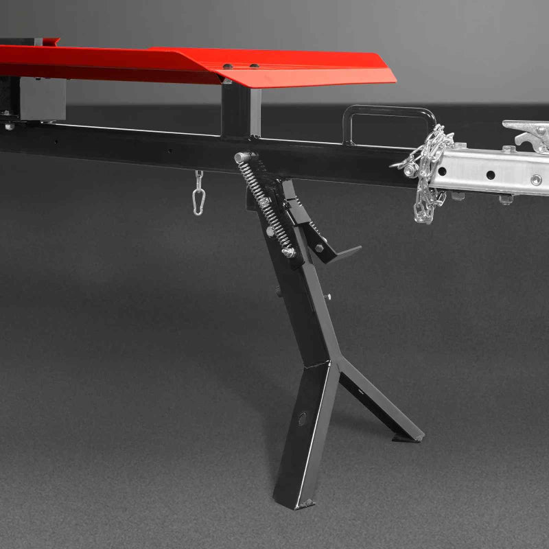 close-up view of black metal support stand and red frame on MechMaxx 34 ton kinetic fast log splitter at gallery position 1