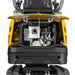 rear view of yellow MechMaxx MEC10 mini excavator with engine compartment open showing engine components gallery position 1