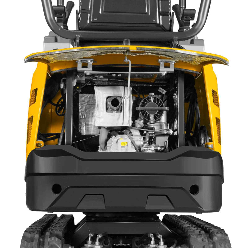 rear view of yellow MechMaxx MEC10 mini excavator with engine compartment open showing engine components gallery position 1