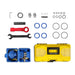 top-down view of yellow toolbox and assorted blue, black, red tools and seals laid out for MechMaxx breaker hammer gallery 1