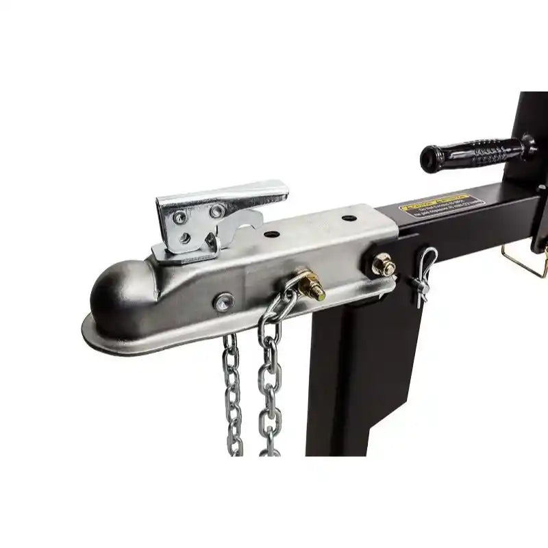Close-up of trailer hitch coupler and safety chain attachment on Swisher 22-Ton Timber Brute Eco Split log splitter, gallery position 1