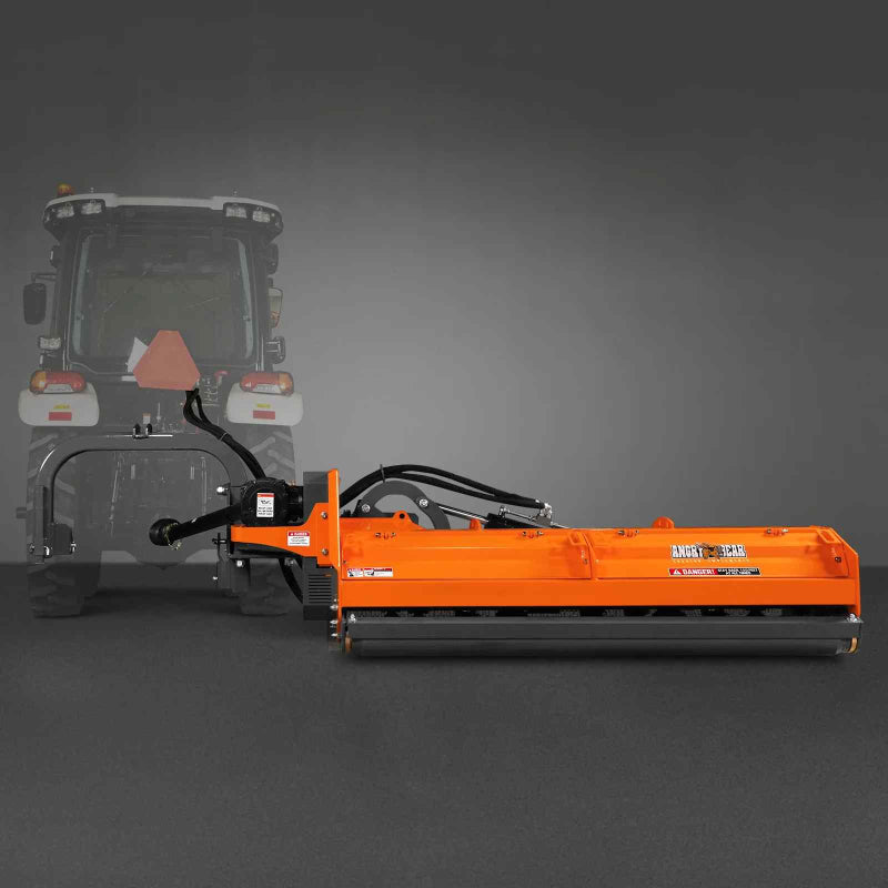 side profile of orange MechMaxx 78-inch 3-point PTO offset ditch bank verge flail mower at gallery position 1