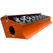Orange trench roller attachment with black bar-studded drum and curved front blade viewed from right front angle