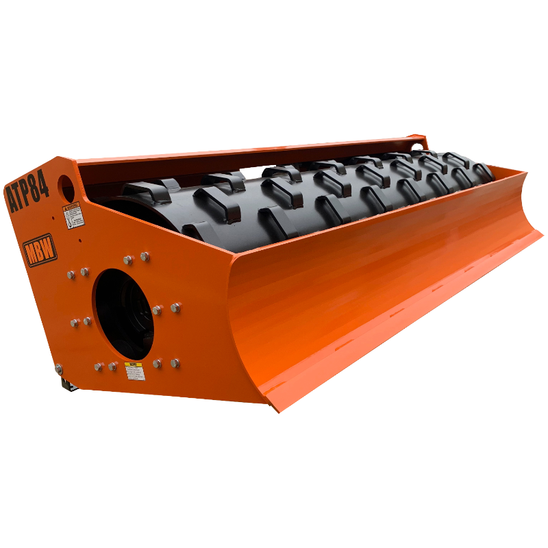 Orange trench roller attachment with black bar-studded drum and curved front blade viewed from right front angle