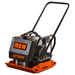Plate compactor with orange base plate, black engine cover with MBW logo, and black tubular handle viewed from left side