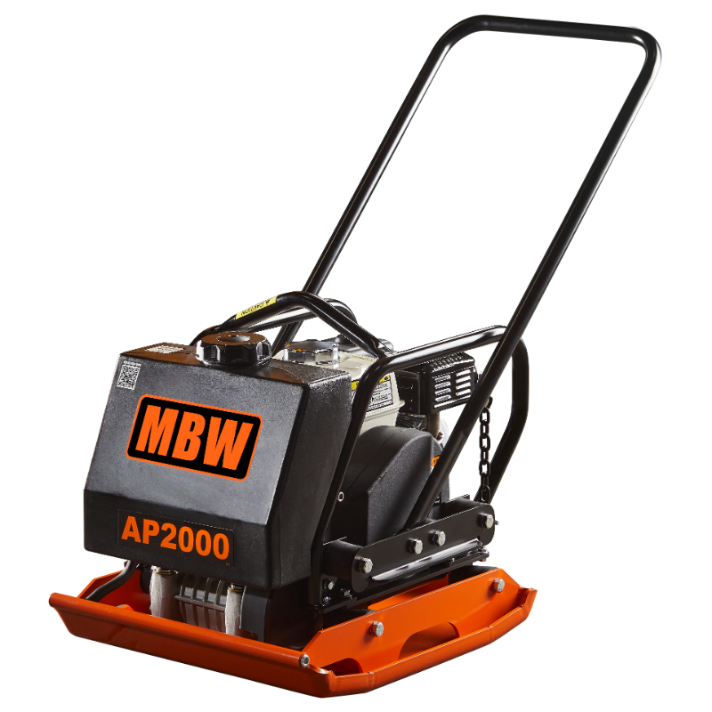 Plate compactor with orange base plate, black engine cover with MBW logo, and black tubular handle viewed from left side
