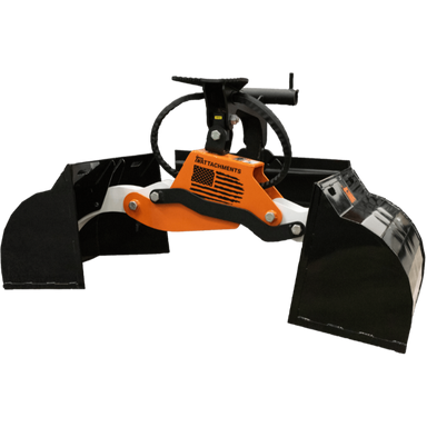 Orange and black skid steer clamshell bucket attachment with hydraulic arms and steel scoops for digging and grabbing tasks