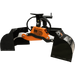 Orange and black skid steer clamshell bucket attachment with hydraulic arms and steel scoops for digging and grabbing tasks
