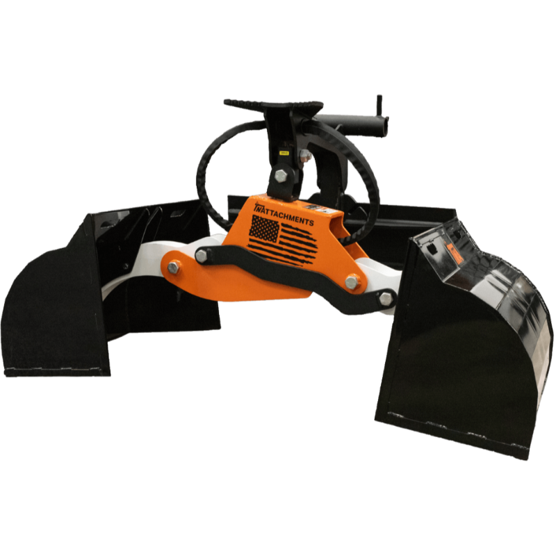 Orange and black skid steer clamshell bucket attachment with hydraulic arms and steel scoops for digging and grabbing tasks