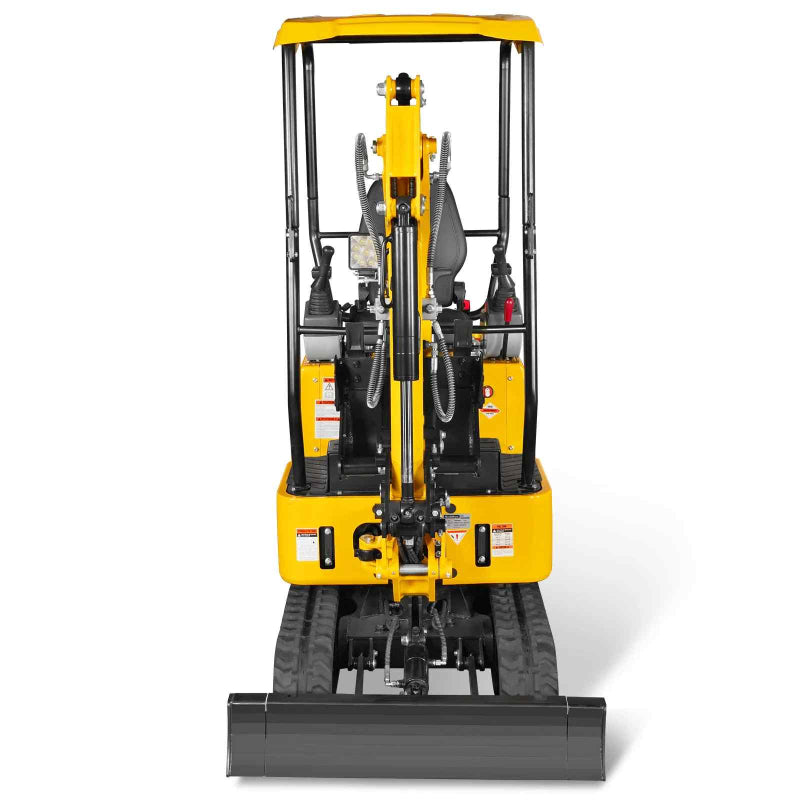 rear view of yellow MechMaxx MEC12 mini excavator with Kubota D722 engine, open canopy, and blade gallery position 1