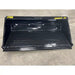 Black steel skid steer material bucket with smooth interior and yellow Stinger Series 2 72 markings on concrete floor
