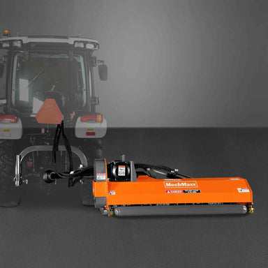 rear view of orange MechMaxx 60-inch standard 3 point offset flail ditch bank mower attached to tractor, gallery position 1