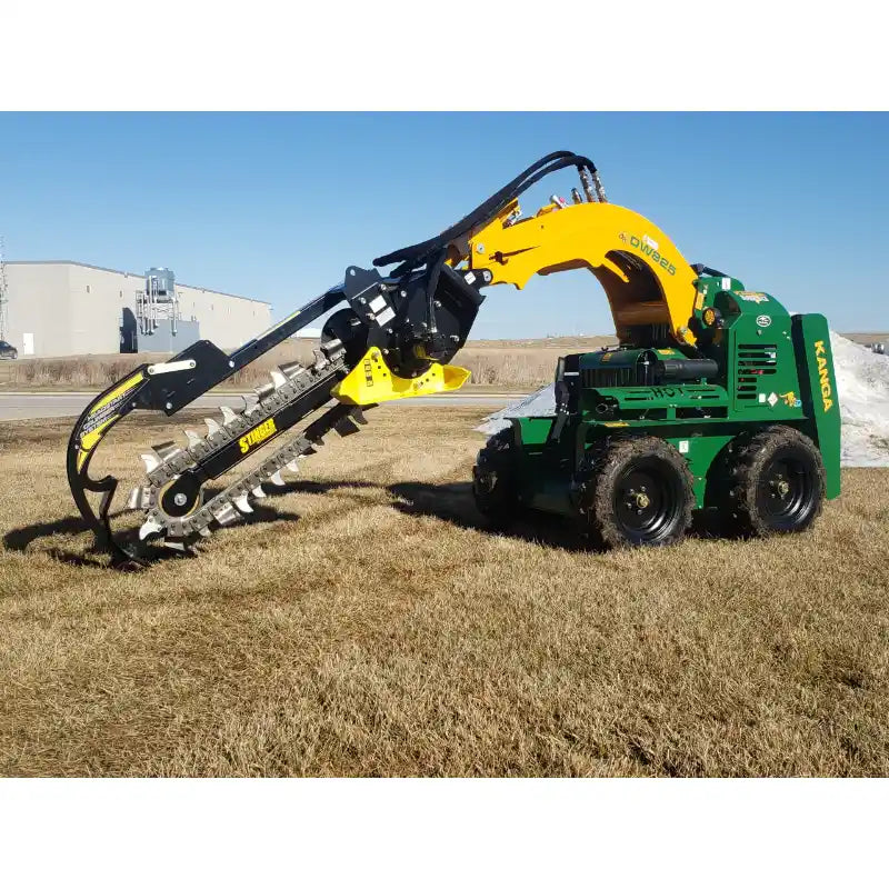 Stinger Attachments BF900 Bigfoot XD skid steer trencher attachment on green mini skid steer, gallery position 5, 800x800px square