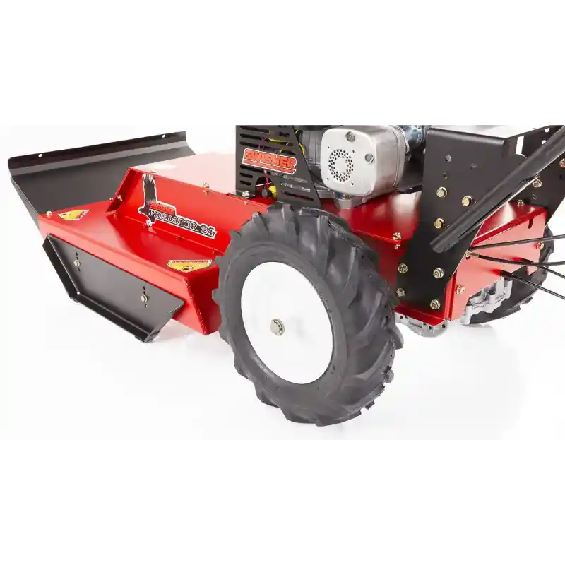Rear right angle close-up of Swisher 24-inch walk-behind rough cut mower with large traction tire, gallery position 1