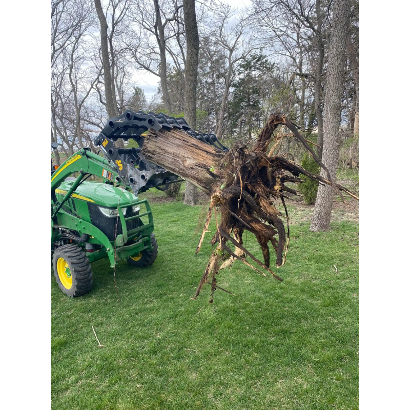 Green compact tractor with black steel grapple attachment lifting a large tree stump with exposed roots on grass outdoors