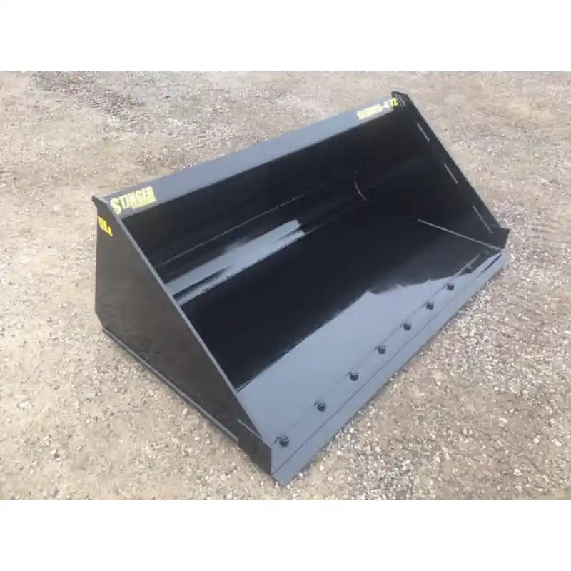 Front-right angled view of a black skid steer material bucket with bolt-on cutting edge on gravel surface