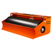 Orange and black skid steer attachment with large smooth cylindrical roller and angled front blade, view from left side