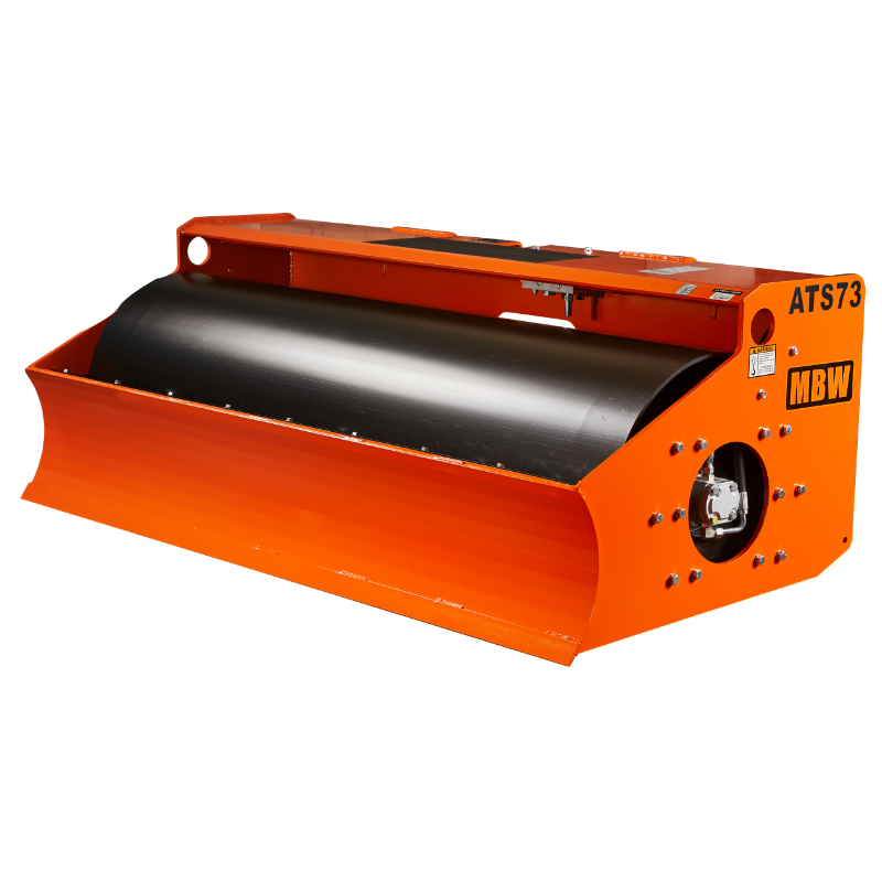 Orange and black skid steer attachment with large smooth cylindrical roller and angled front blade, view from left side